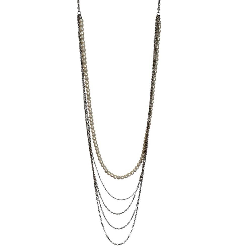 Silver and Gold Toned Multi-Strand Necklace with Pearls. Vintage Inspired.